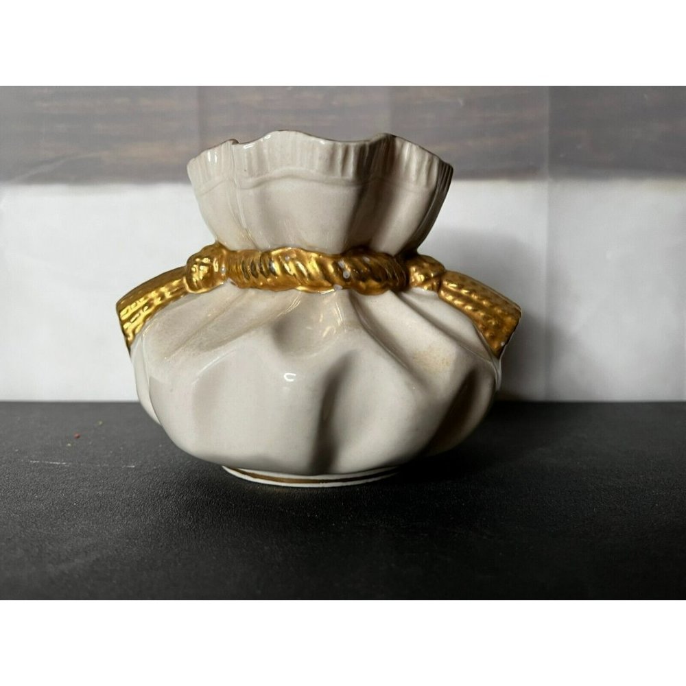 Vintage Rochelle Fine China Sack Bag Ivory with gold Ribbon Bow Vase